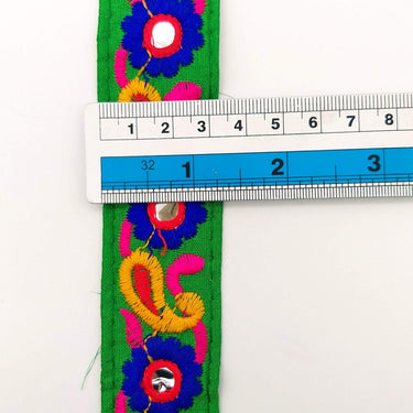 Green Floral Mirrored Trim With Royal Blue Flowers And Yellow Paisley Embroidery, Decorative Trimming, Trim By 3 Yards